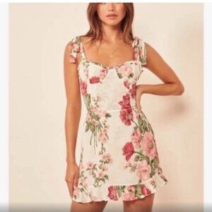 Reformation White Floral Mini Dress with Pink & Green Bouquet Print